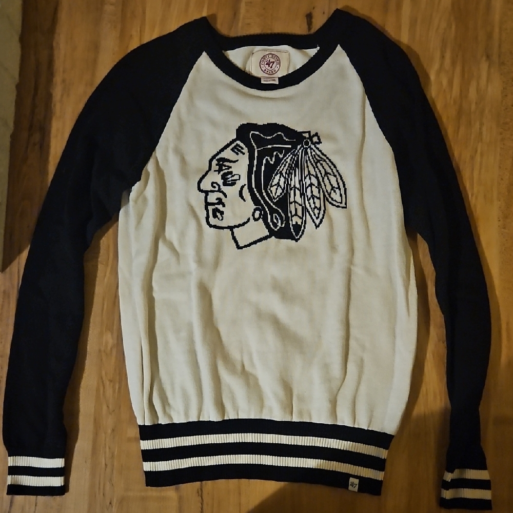 47 Chicago Blackhawks Women's White Crewneck Sweater with Black Raglan Sleeves